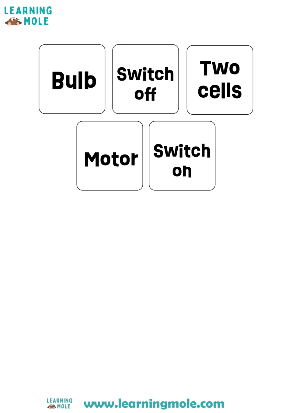 Circuit name cards to cut out: Bulb, Switch off, Two cells, Motor and Switch on, to pair with each picture and symbol