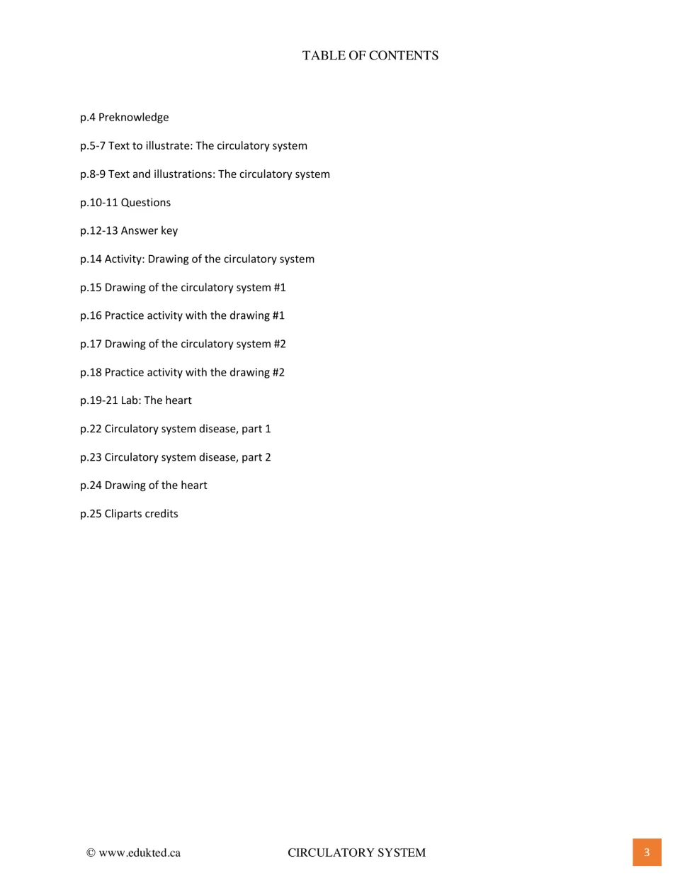 Table of contents listing preknowledge, texts to illustrate, questions, answer key, drawings, heart lab, diseases, credits