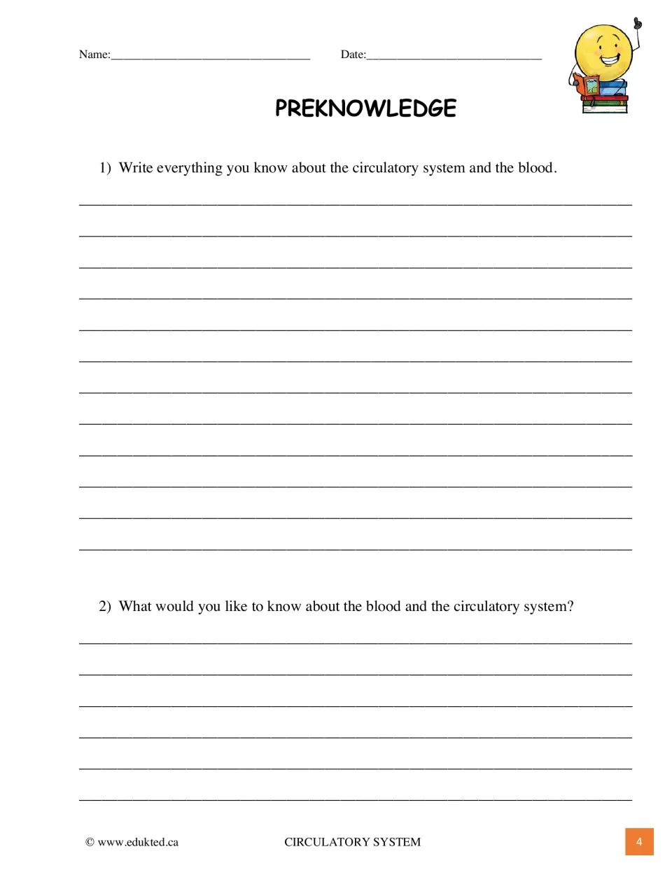 Preknowledge page: students write everything they know about blood and how it moves, then what they would like to learn