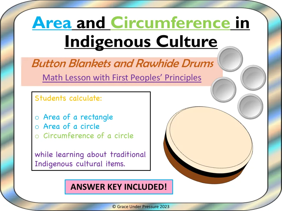 Cover for Area and Circumference in Indigenous Culture: button blanket and rawhide drum math lesson, answer key included