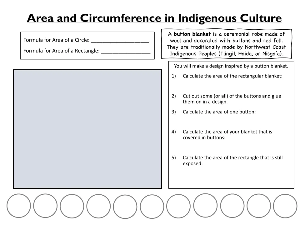 Button blanket design: students glue cut-out circle buttons on a rectangle, then find blanket, button and uncovered areas