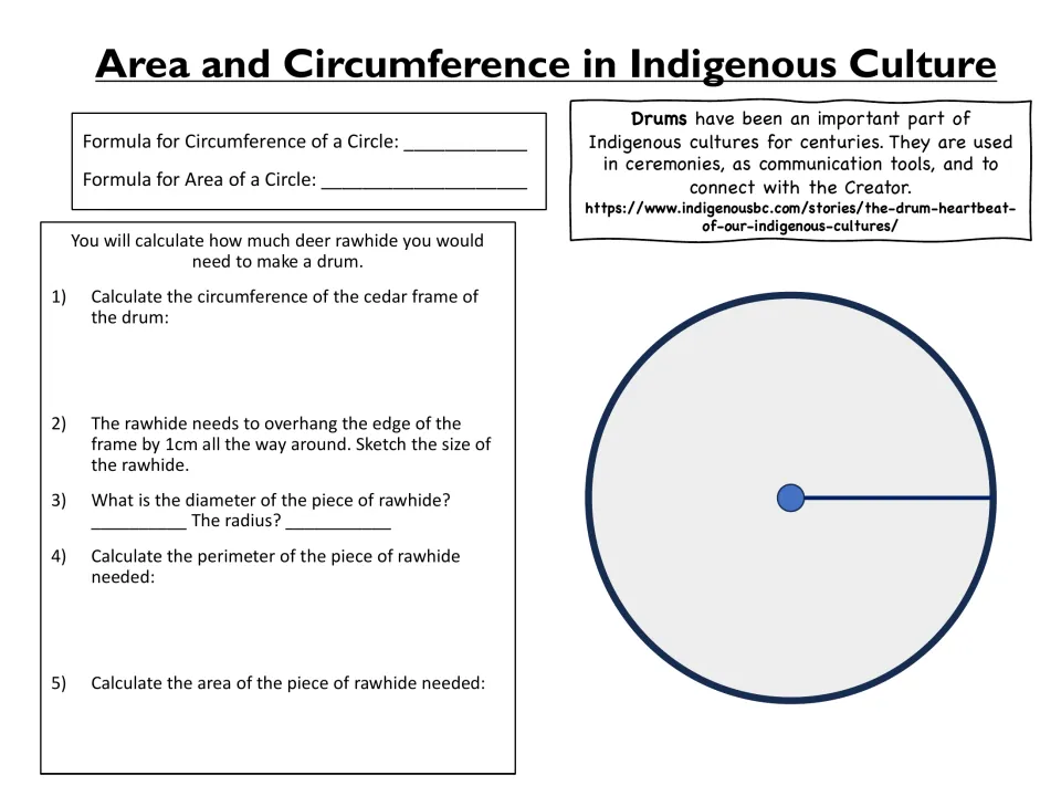 Rawhide drum problem: students find the cedar frame's circumference, add a 1cm overhang, then rawhide diameter and area