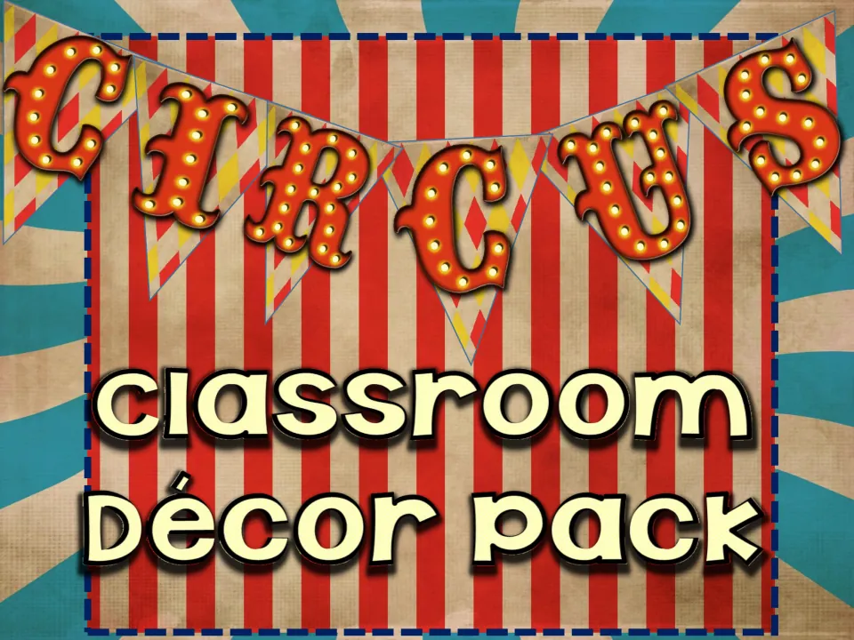 Circus classroom décor pack cover: marquee-light CIRCUS letters on bunting over red and cream big-top stripes