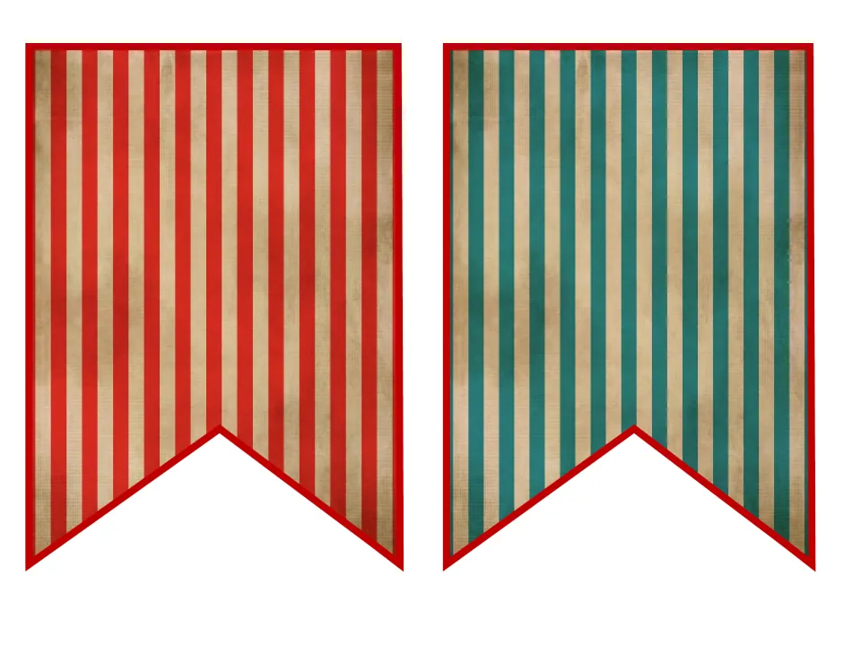Swallowtail pennants in red-and-cream and teal-and-cream vertical stripes, printed two per page to cut and string