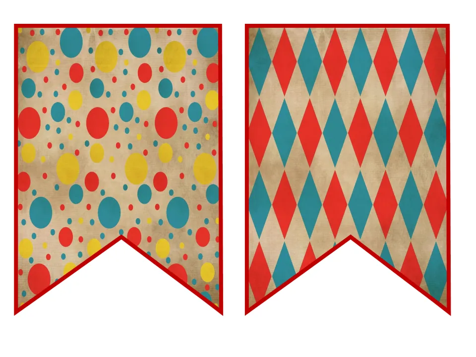 Swallowtail pennants in red, teal and yellow polka dots and a red-and-teal harlequin diamond pattern, to cut and hang
