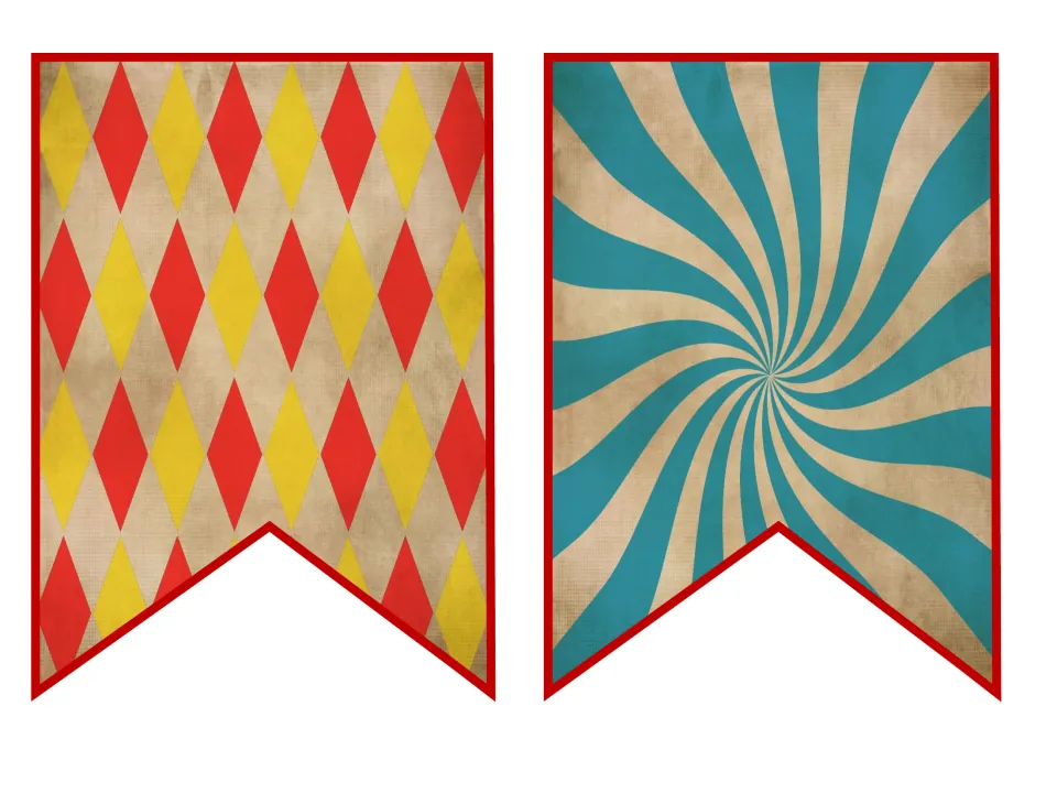 Swallowtail pennants in a red-and-yellow harlequin diamond pattern and a teal-and-cream swirl, ready to cut and string
