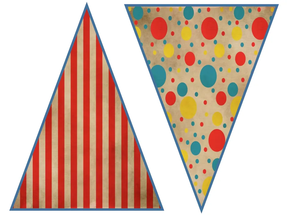 Triangle bunting flags in red-and-cream stripes and red, teal and yellow polka dots, one upright and one inverted