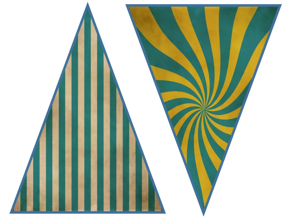 Triangle bunting flags in teal-and-cream stripes and a teal-and-gold swirl, cut out and strung for a circus banner