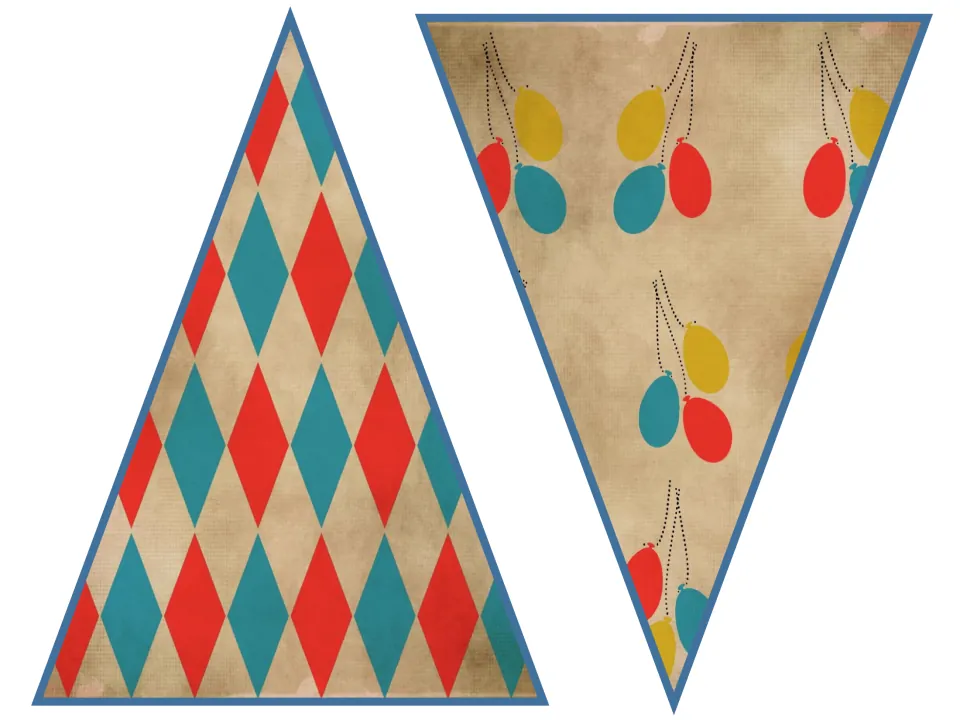 Triangle bunting flags in a red-and-teal harlequin pattern and a print of red, yellow and teal balloon bunches