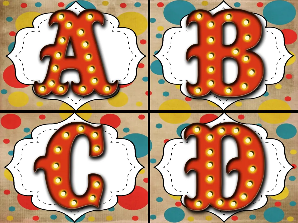 Alphabet cards A to D: orange marquee-light capital letters on white labels over polka dots, four cards per page