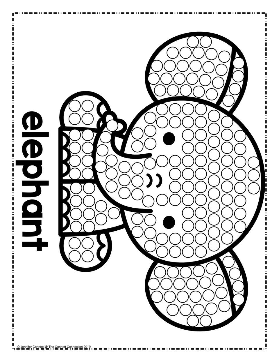 Elephant dot art: students stamp a dot in every circle on the elephant's head, ears and trunk beside the word elephant