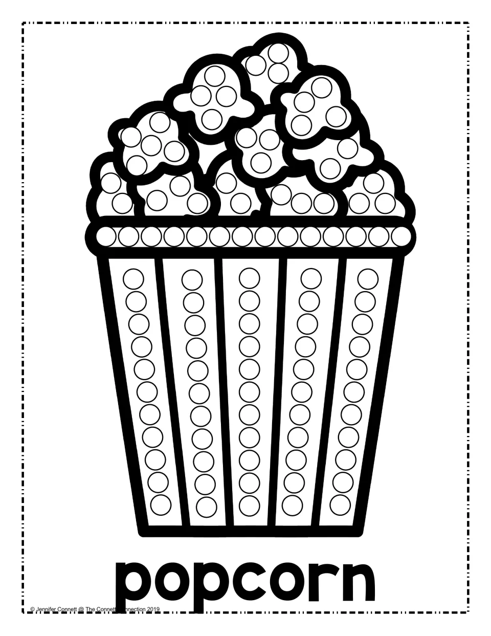 Popcorn: students fill circles on the popped kernels, the bucket rim and down each bucket stripe, with the word popcorn below