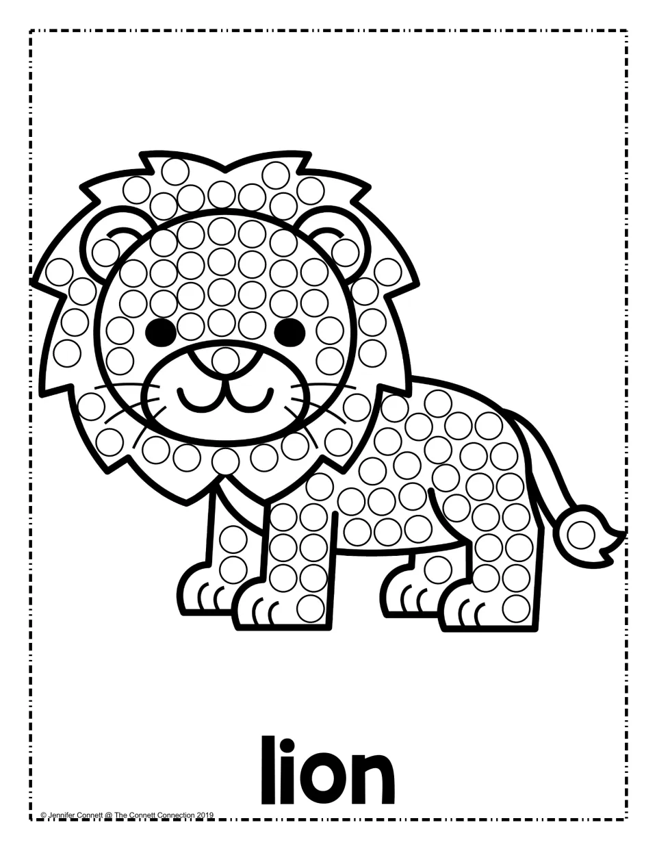 Lion page: students fill circles across the lion's mane, face, body, legs and tail tip, with the word lion printed below