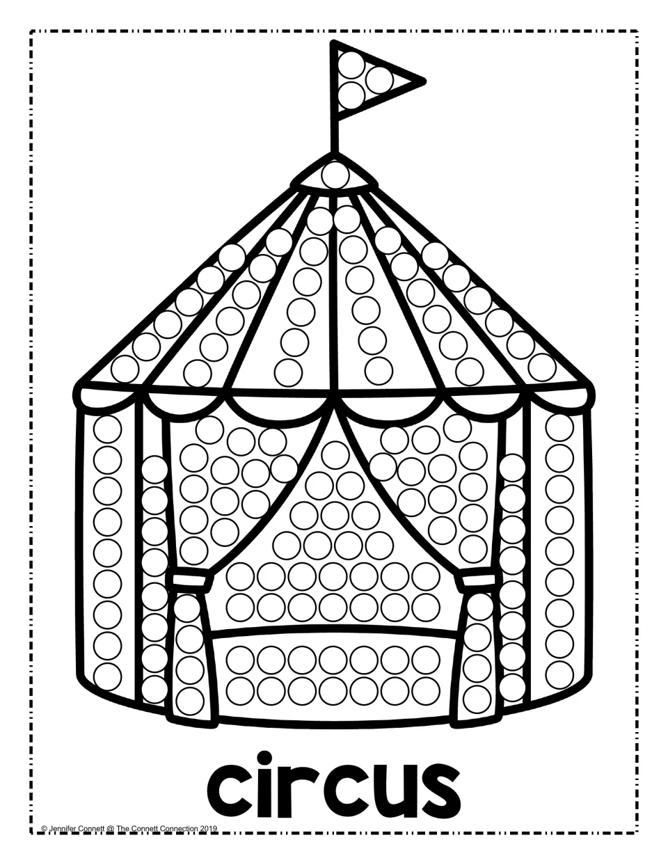 Circus tent: students dot each circle along the tent roof panels, flag, curtains and base, with the word circus beneath