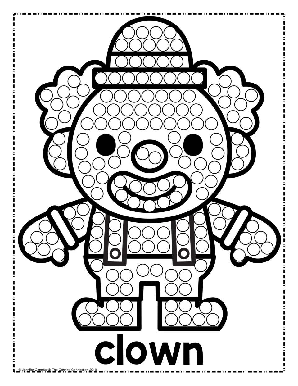 Clown dot painting: students fill circles on the clown's hat, curly hair, face, suspenders and shoes above the word clown