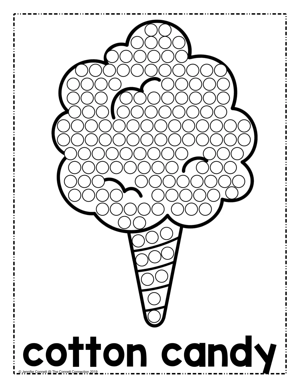 Cotton candy: students dot circles over the fluffy cloud and down the striped cone to its tip, with the label below