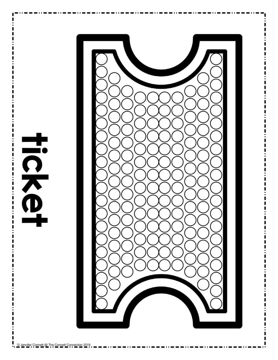 Ticket: students fill the long rows of circles inside a large circus ticket shape, with the word ticket printed sideways