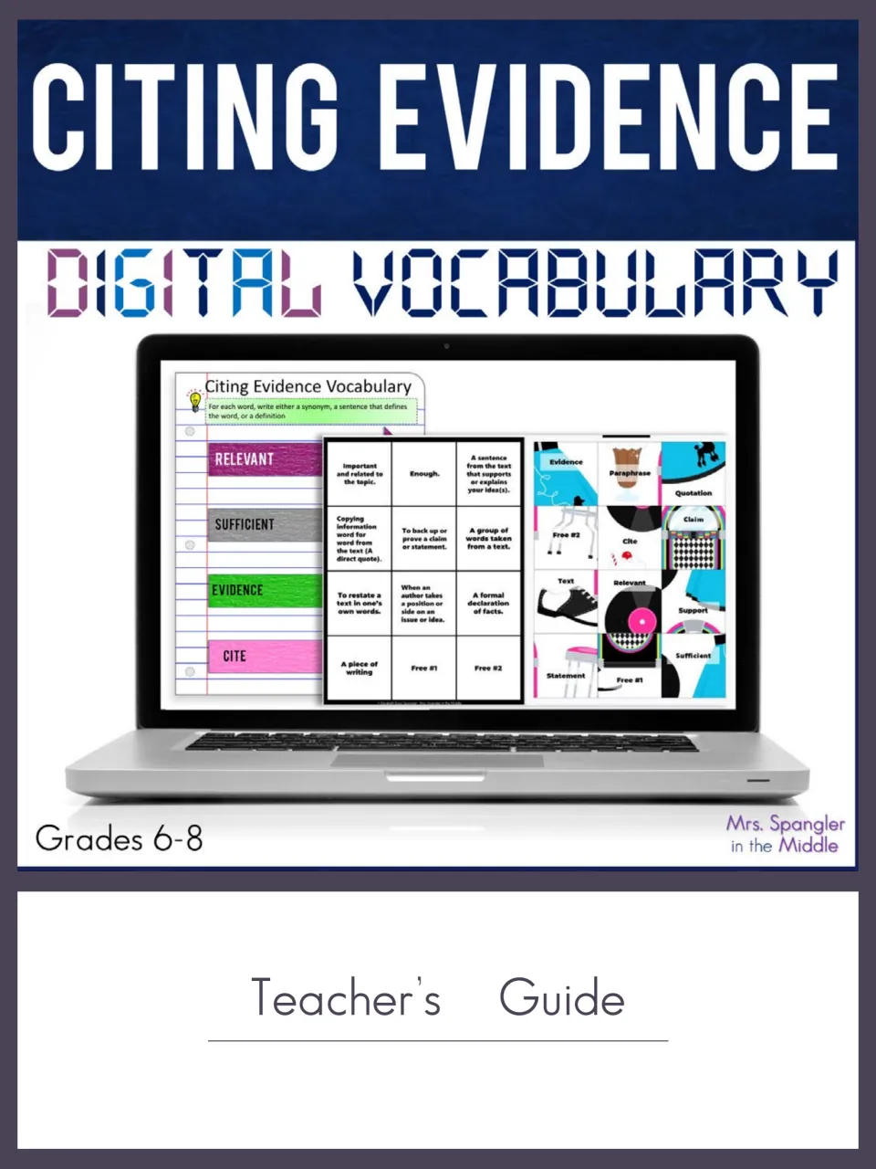 Teacher's guide cover for grades 6-8 citing evidence vocabulary: laptop shows word organizer and secret picture tiles