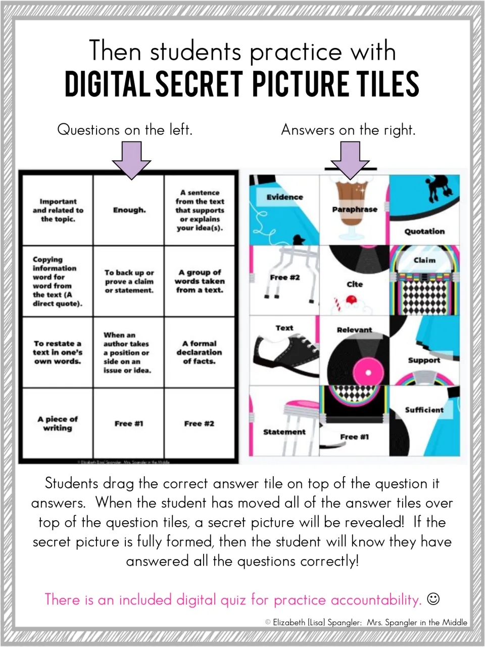 Secret picture tiles: students drag tiles like Paraphrase and Claim onto matching definitions to reveal a hidden image