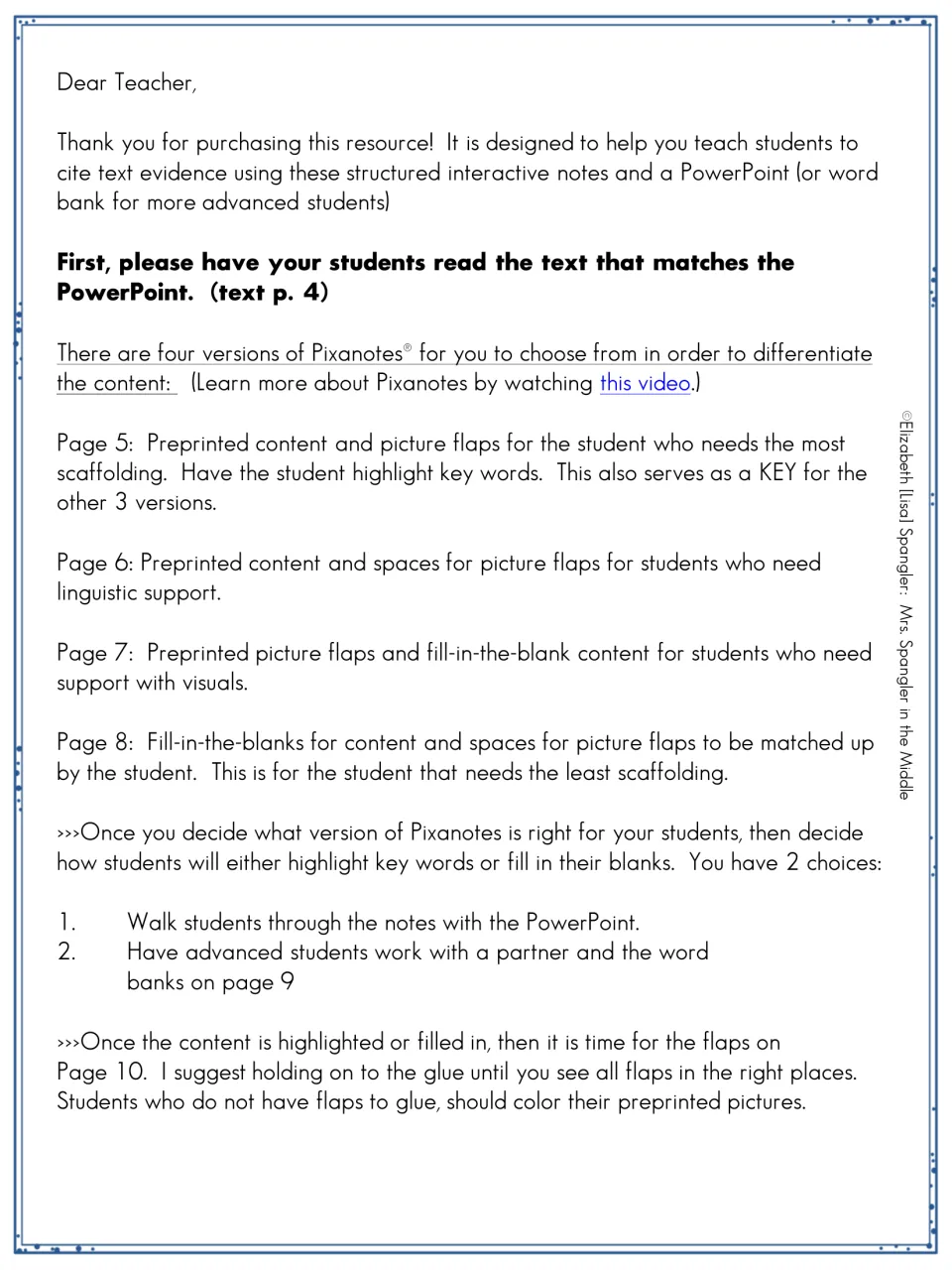 Dear Teacher letter explaining four Pixanotes versions for differentiating and two ways to fill in notes before gluing flaps