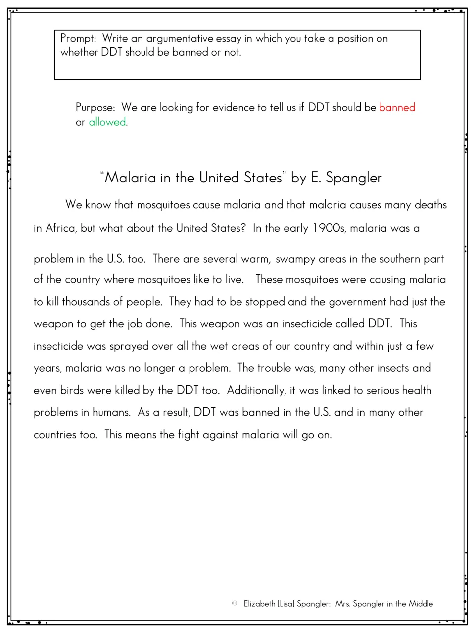 Reading passage 'Malaria in the United States' on DDT use, with an argumentative prompt asking whether DDT should be banned