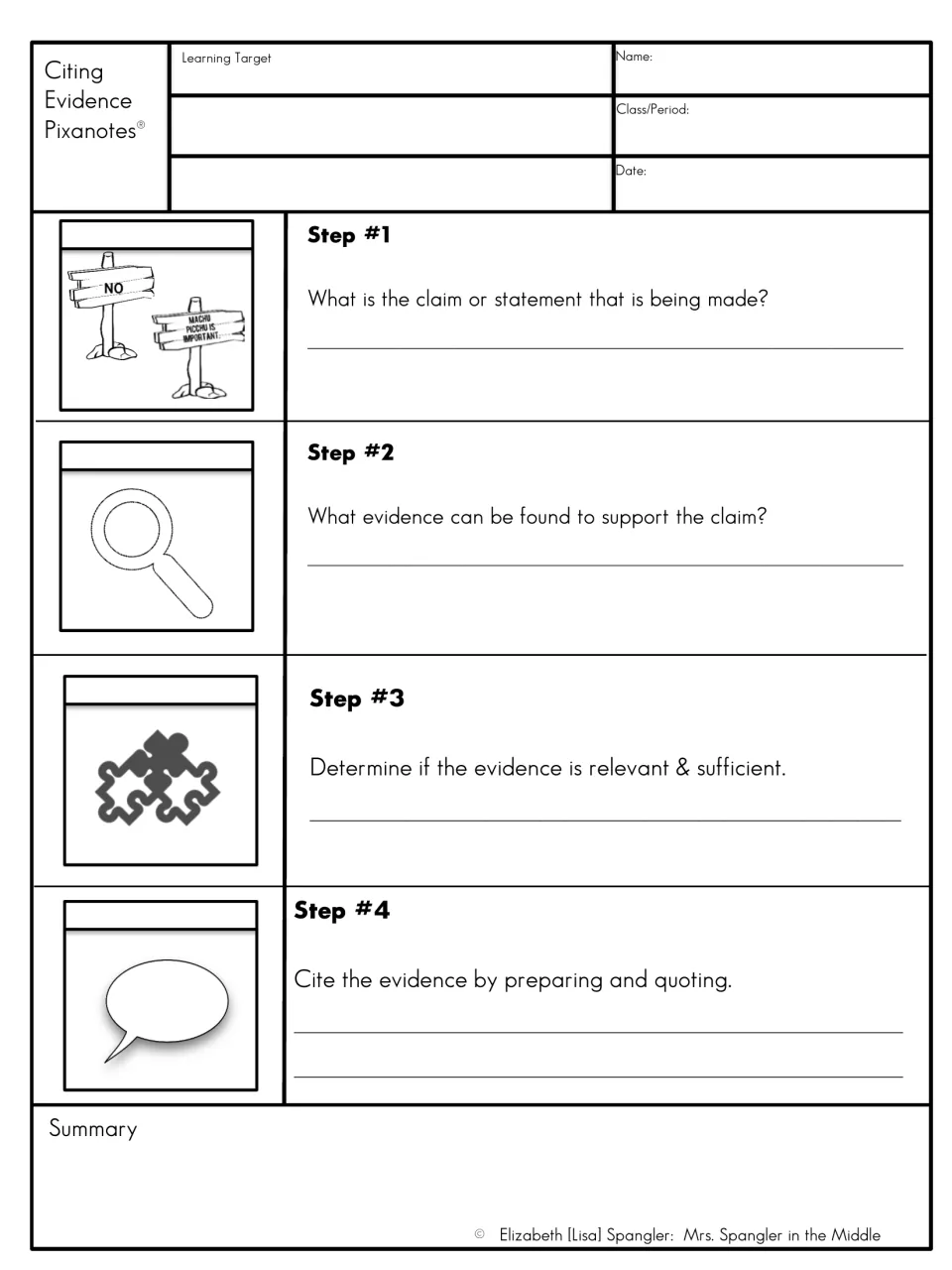 Citing evidence notes, complete version: four steps from finding the claim to quoting, with picture icons and a summary