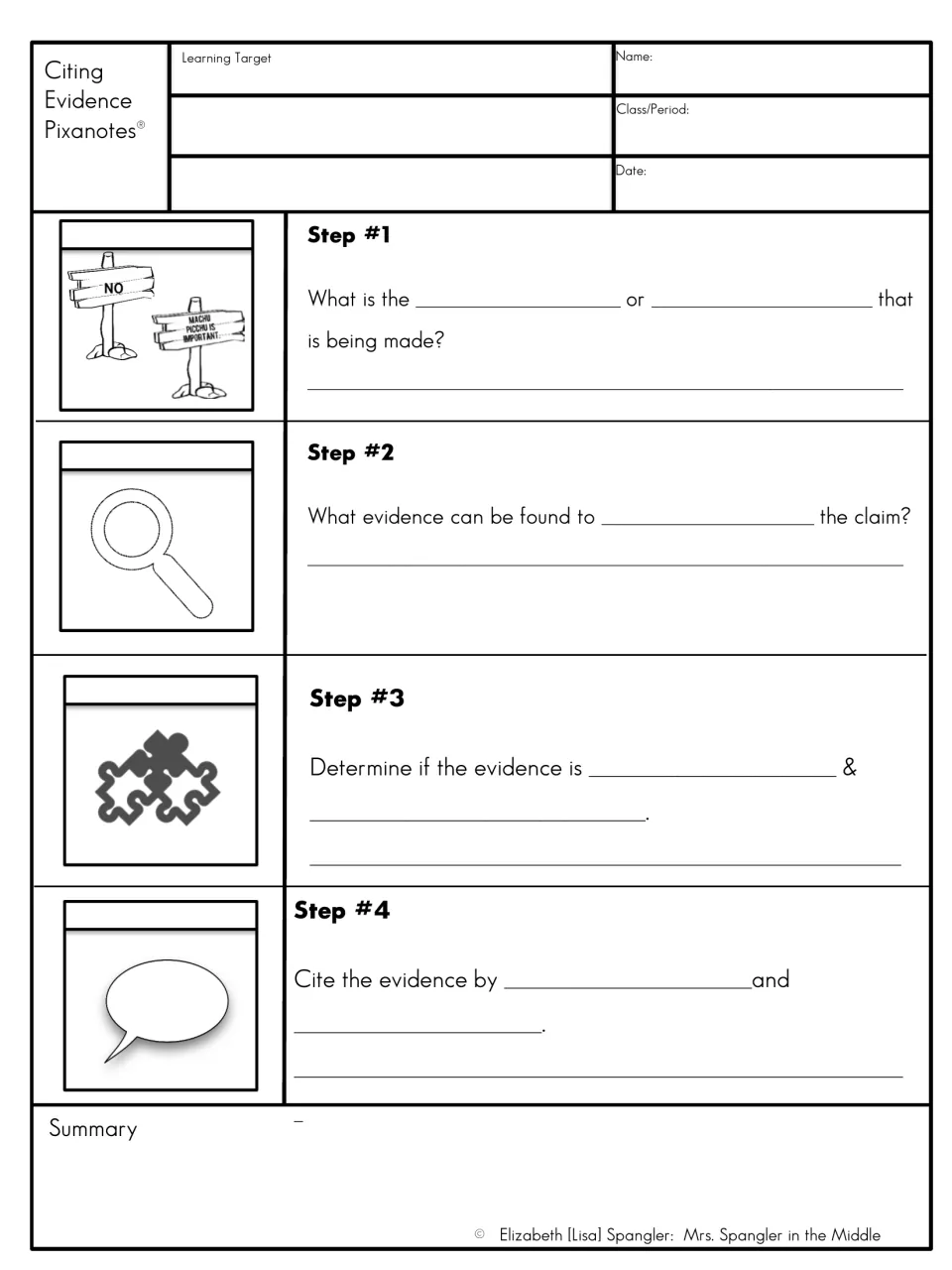 Citing evidence notes with blanks: students write the missing words in all four steps beside printed picture icons