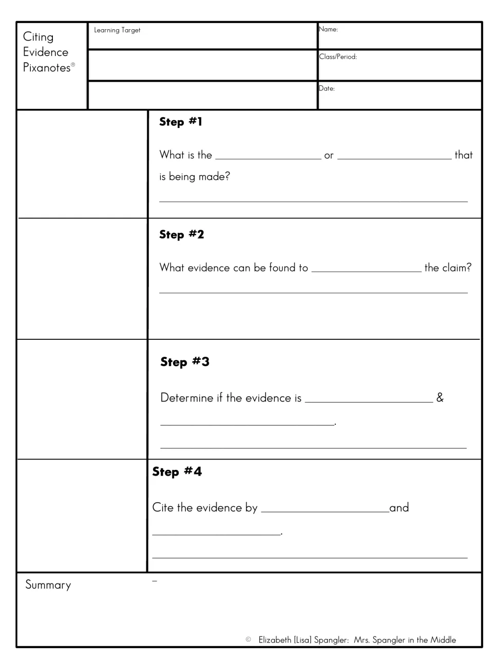 Least-scaffolded citing evidence notes: students fill blanks in steps 1 to 4 and glue matching picture flaps