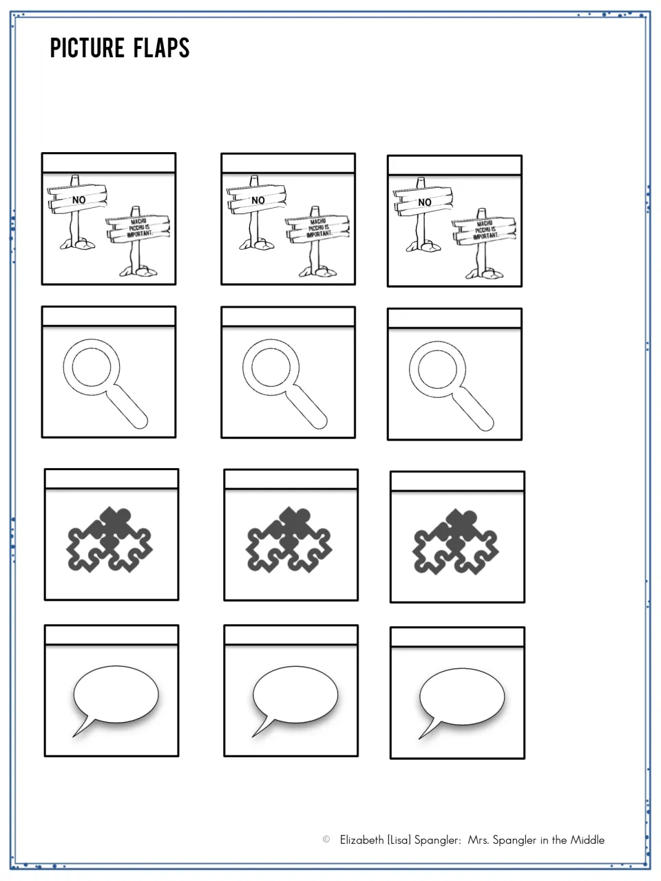 Picture flaps to cut out: three sets of signpost, magnifying glass, puzzle piece and speech bubble icons for steps 1-4