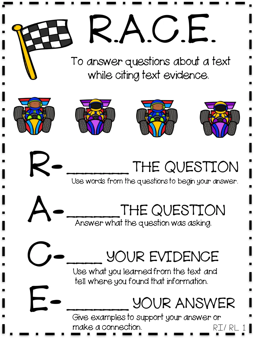 Fill-in R.A.C.E. chart: students write the missing word for each step (restate, answer, cite, explain) above its tip