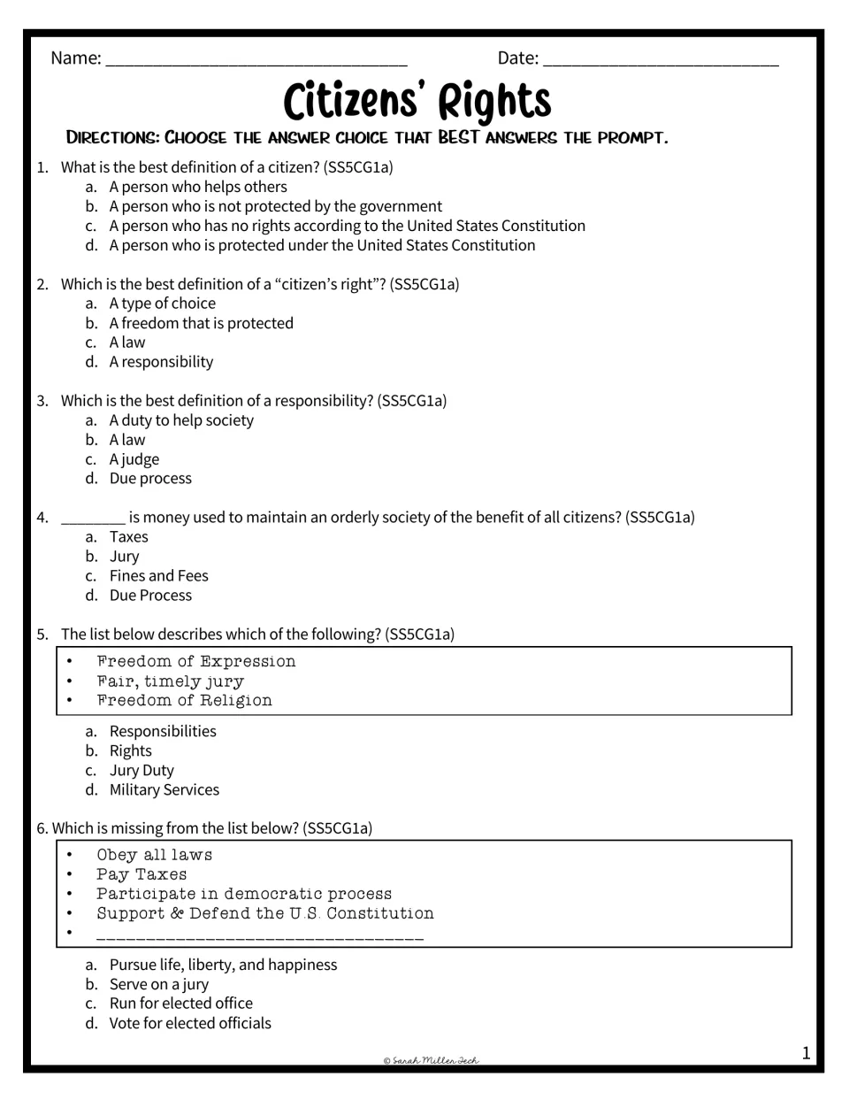 Assessment questions 1–6 ask about citizenship, protected rights, civic responsibilities, taxes, and jury duty