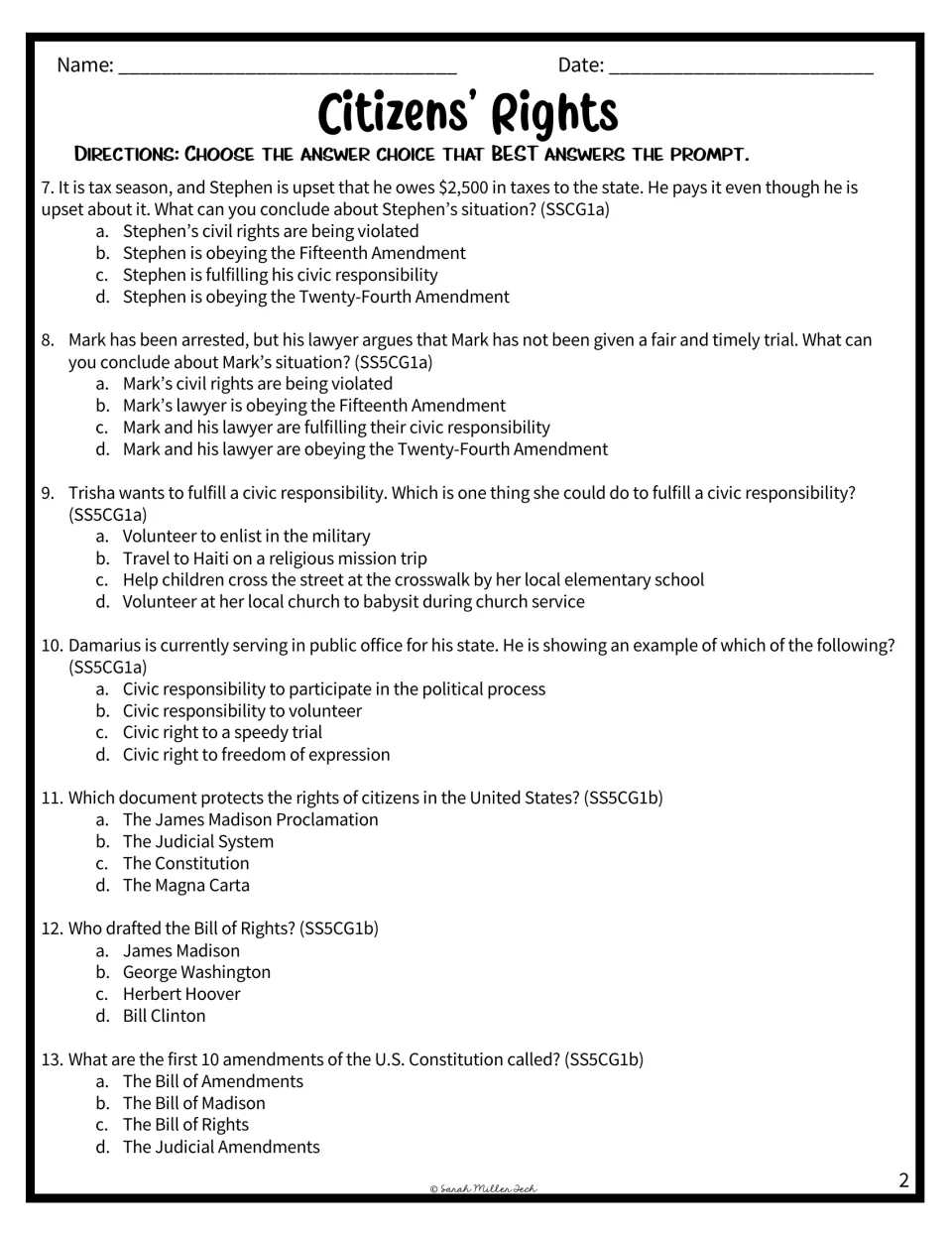 Assessment questions 7–13 cover civic scenarios, the Constitution, James Madison, and the Bill of Rights