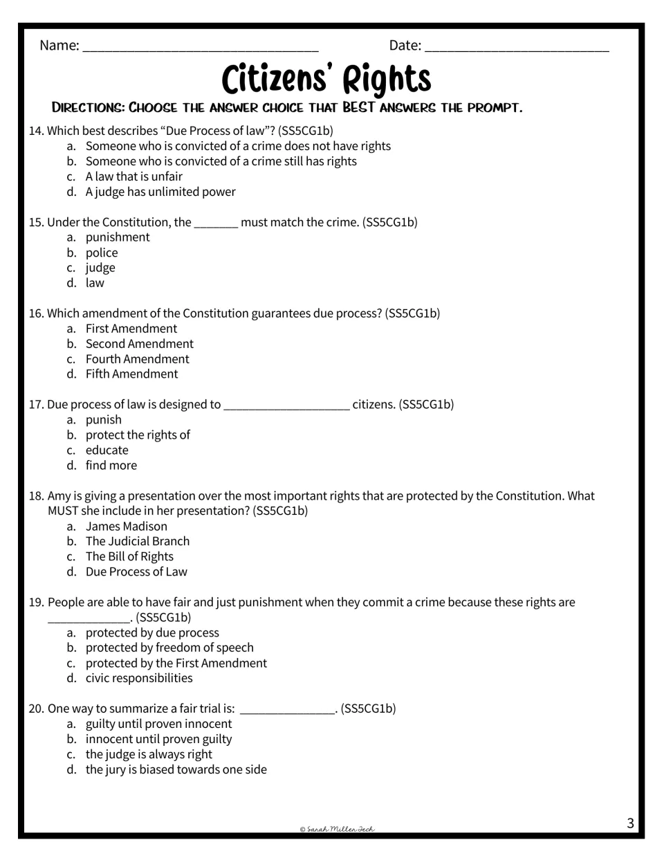 Assessment questions 14–20 cover due process, fair punishment, the Fifth Amendment, and a fair trial