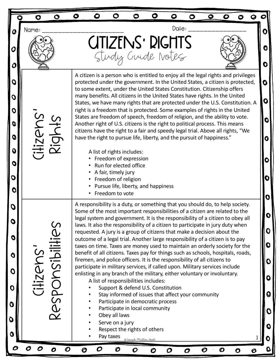 Study notes page 1 explains citizens' rights and responsibilities, including voting, jury duty, and taxes