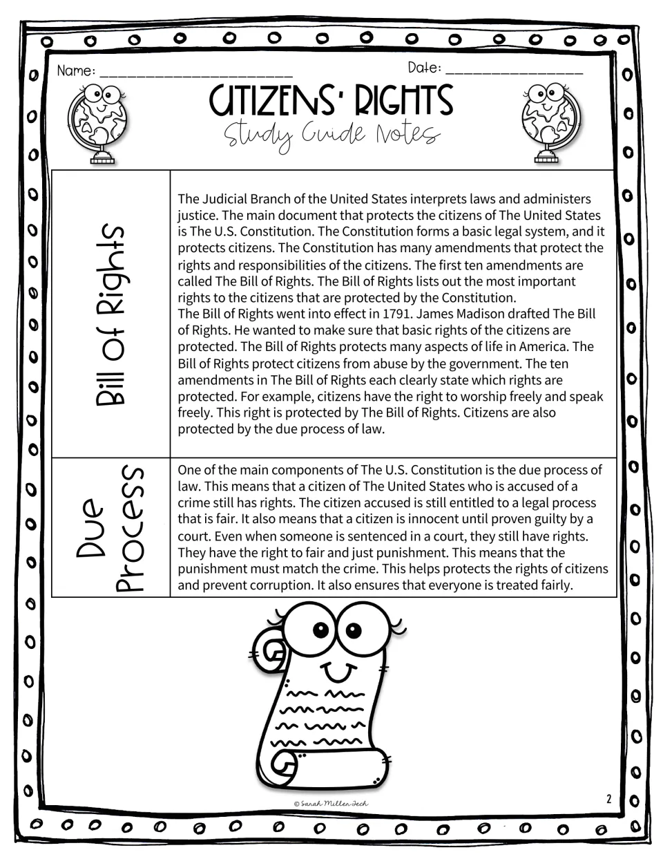 Study notes page 2 explains the Bill of Rights and due process, including fair trials and fair punishment