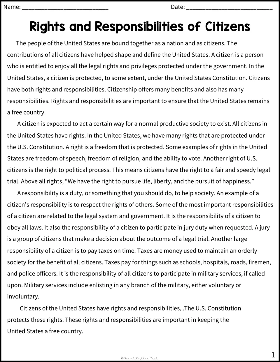 Citizenship reading passage: students read how rights such as free speech and voting differ from duties like paying taxes