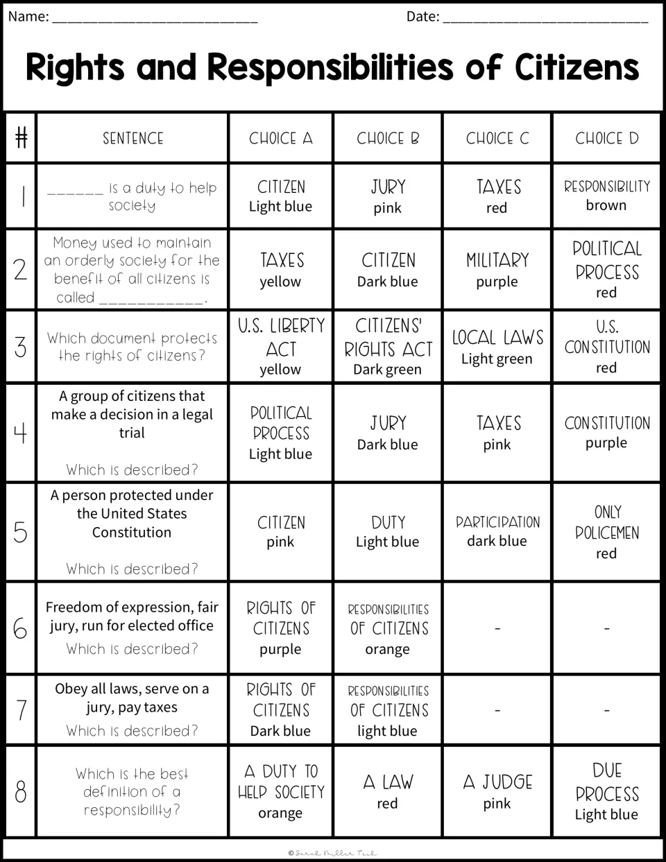 Multiple-choice questions 1-8 on citizens, juries, taxes and the Constitution; each answer choice is paired with a color