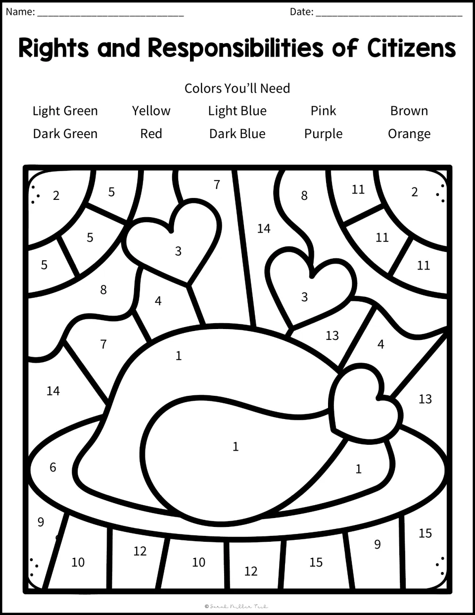 Color-by-number picture: students color a roast turkey on a platter with hearts, using the colors from answers 1-15