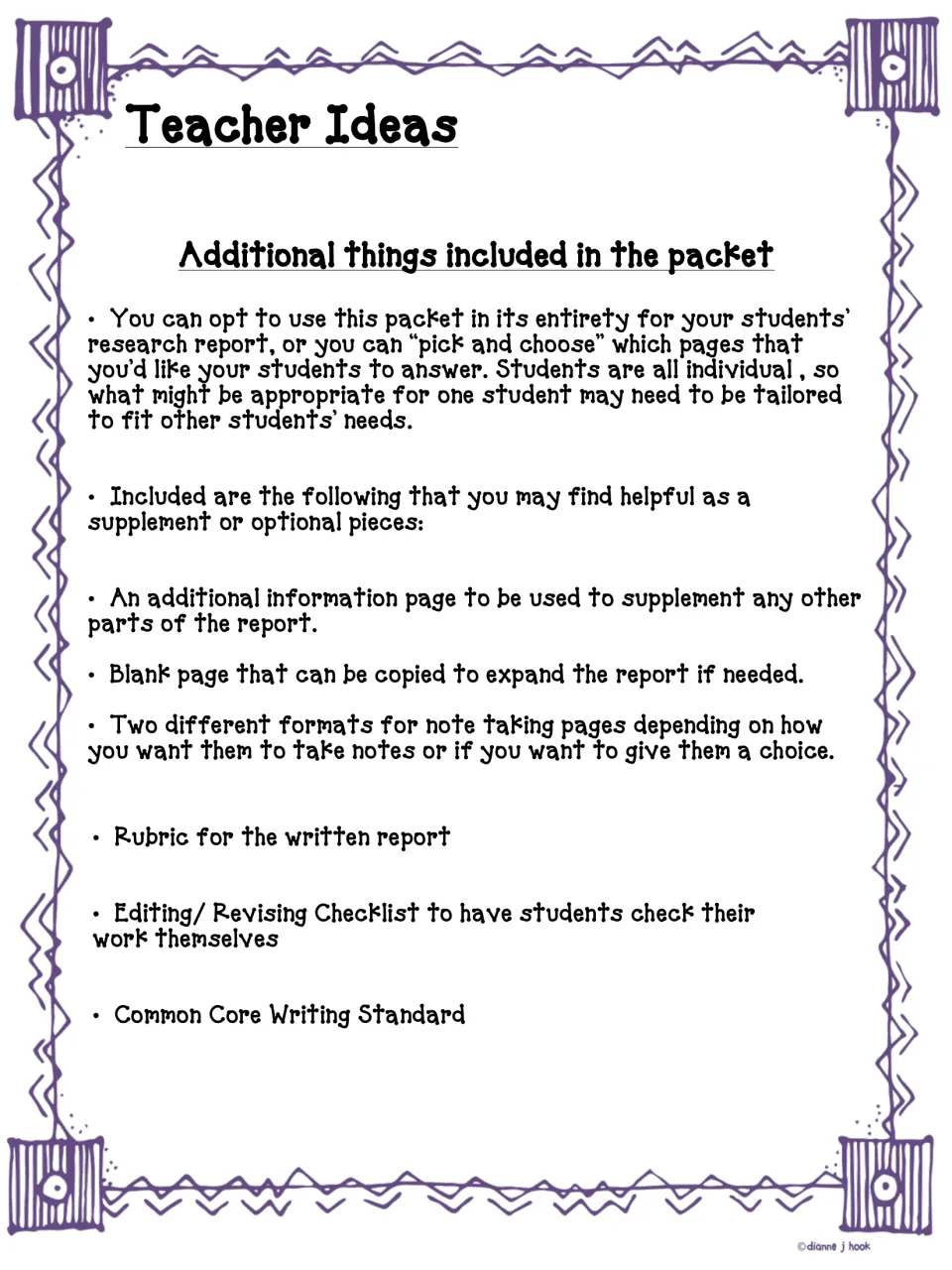 Teacher ideas: notes on using the packet whole or in parts, plus extras like a rubric, note pages and an editing checklist