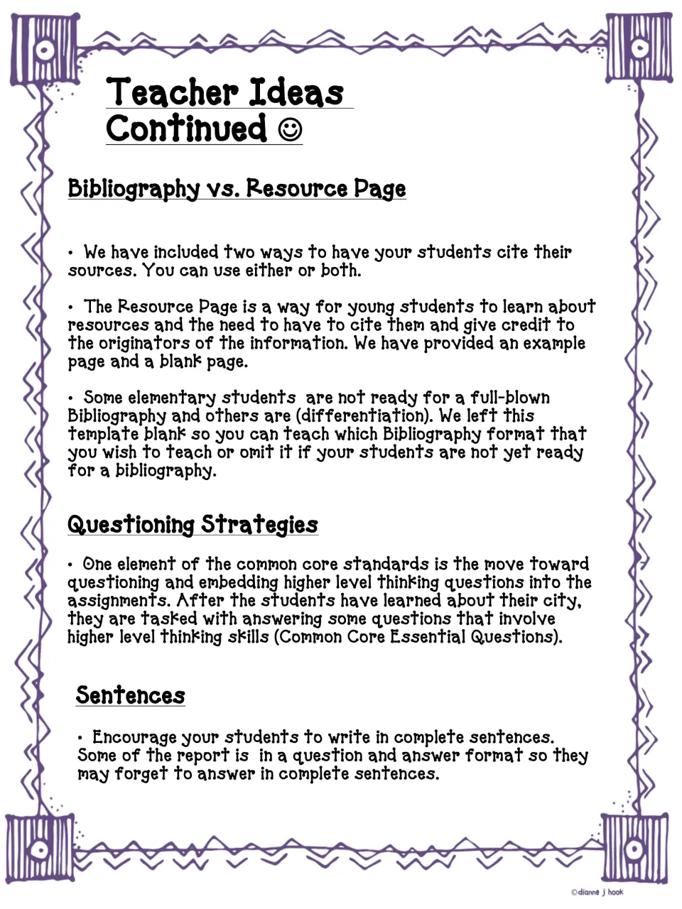Teacher tips on citing sources with a resource page or bibliography, higher-level questioning and complete sentences