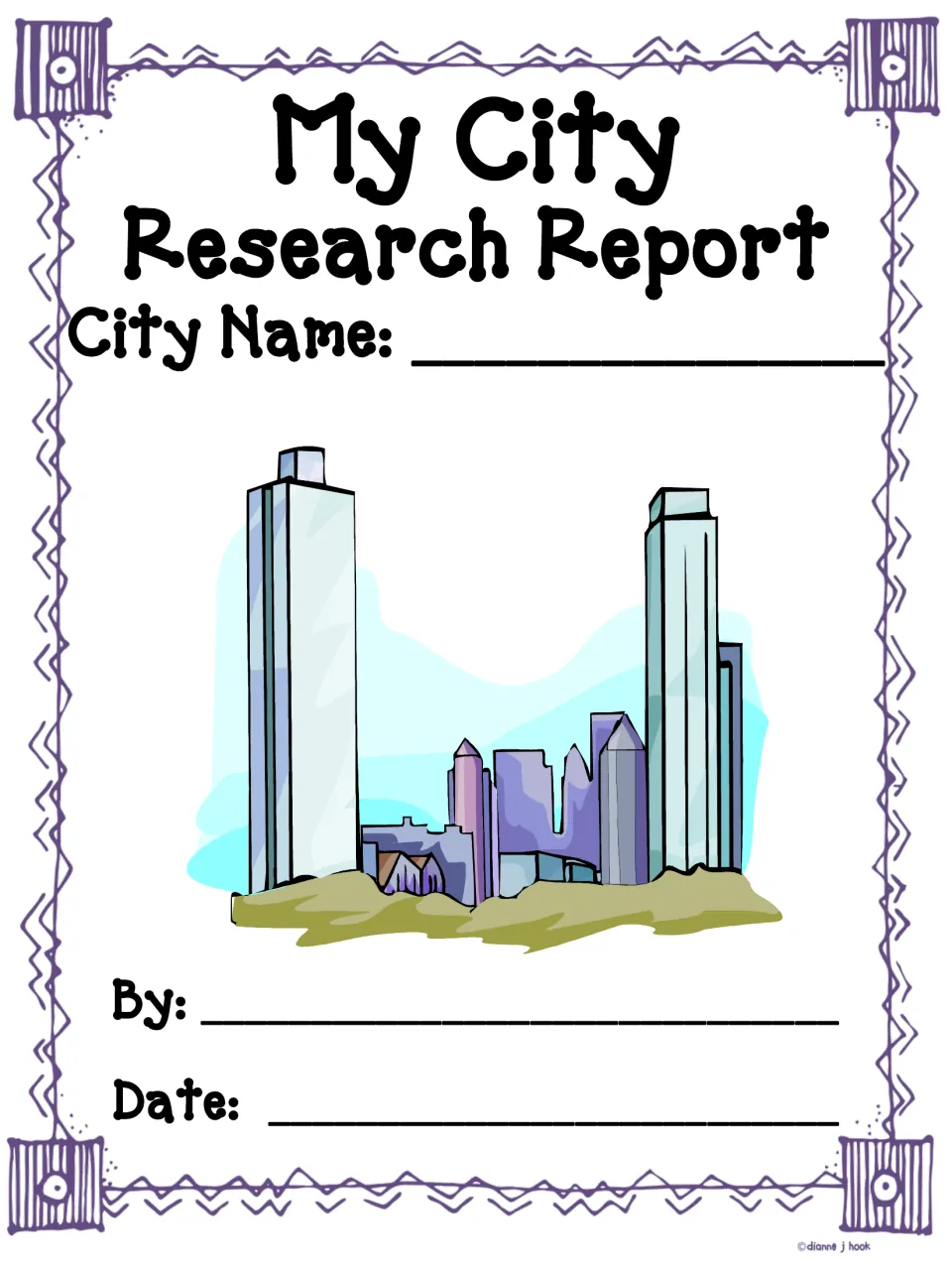 My City Research Report cover: students fill in their city name, their name and the date below a skyline drawing
