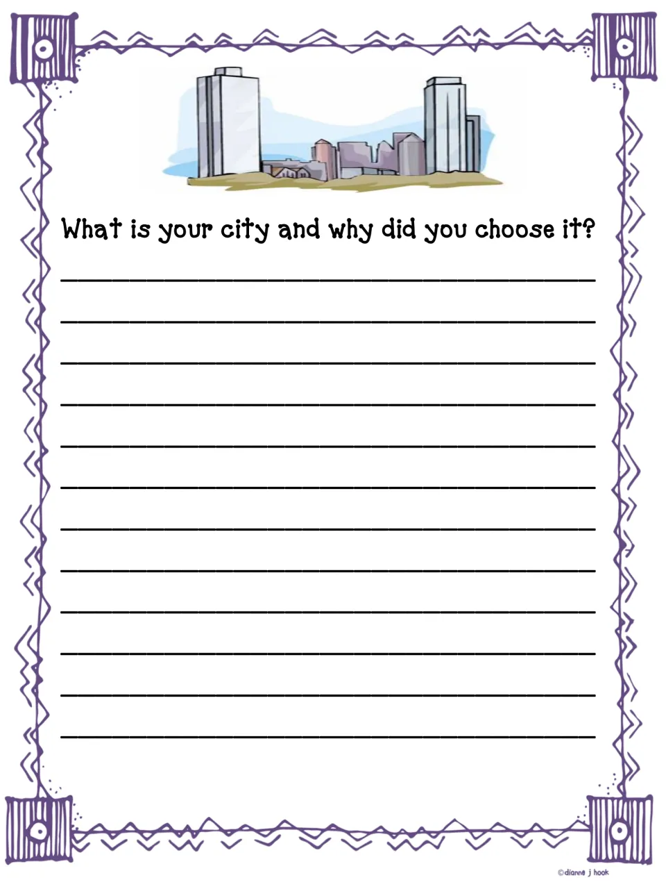 City choice: students name the city they are researching and explain in writing why they chose it, with a skyline image