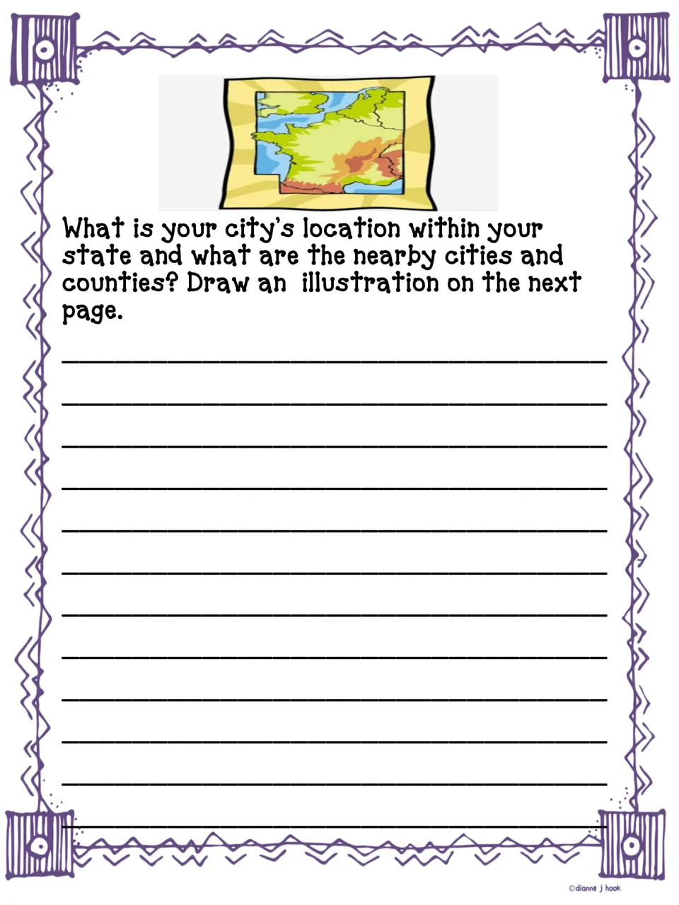 City location: students describe where their city sits in the state and list nearby cities and counties, below a map