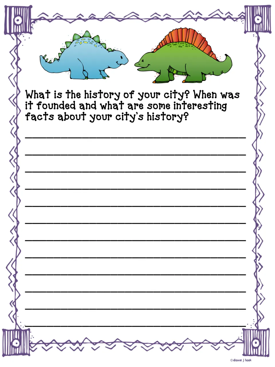 City history: students write when their city was founded and share interesting facts about its past, with dinosaur art