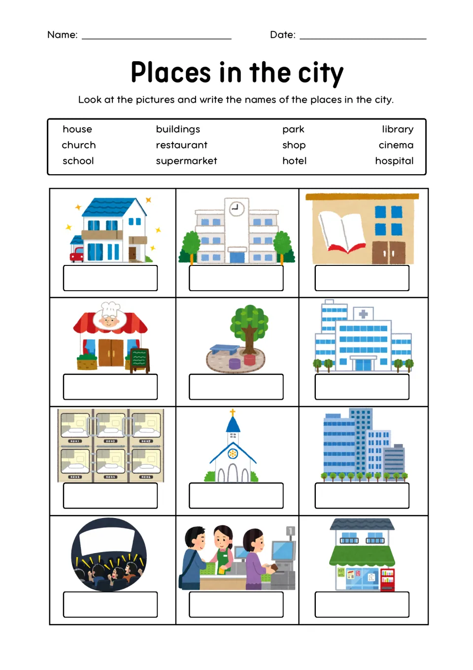 Places in the city vocabulary: students label 12 pictures from a word bank with house, school, library and hospital