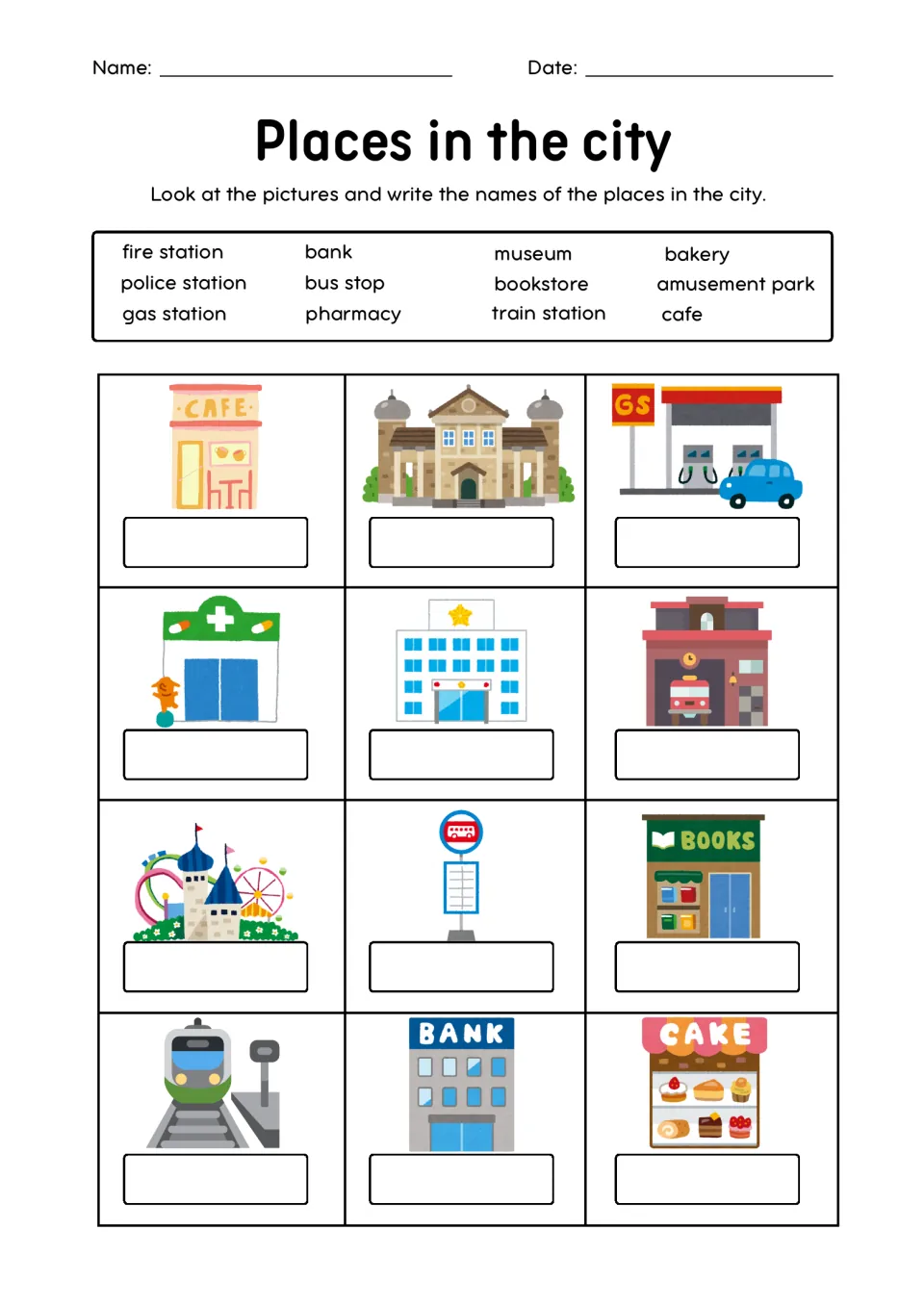 City services and shops: students write fire station, bus stop, bakery, bank or train station under each of 12 pictures