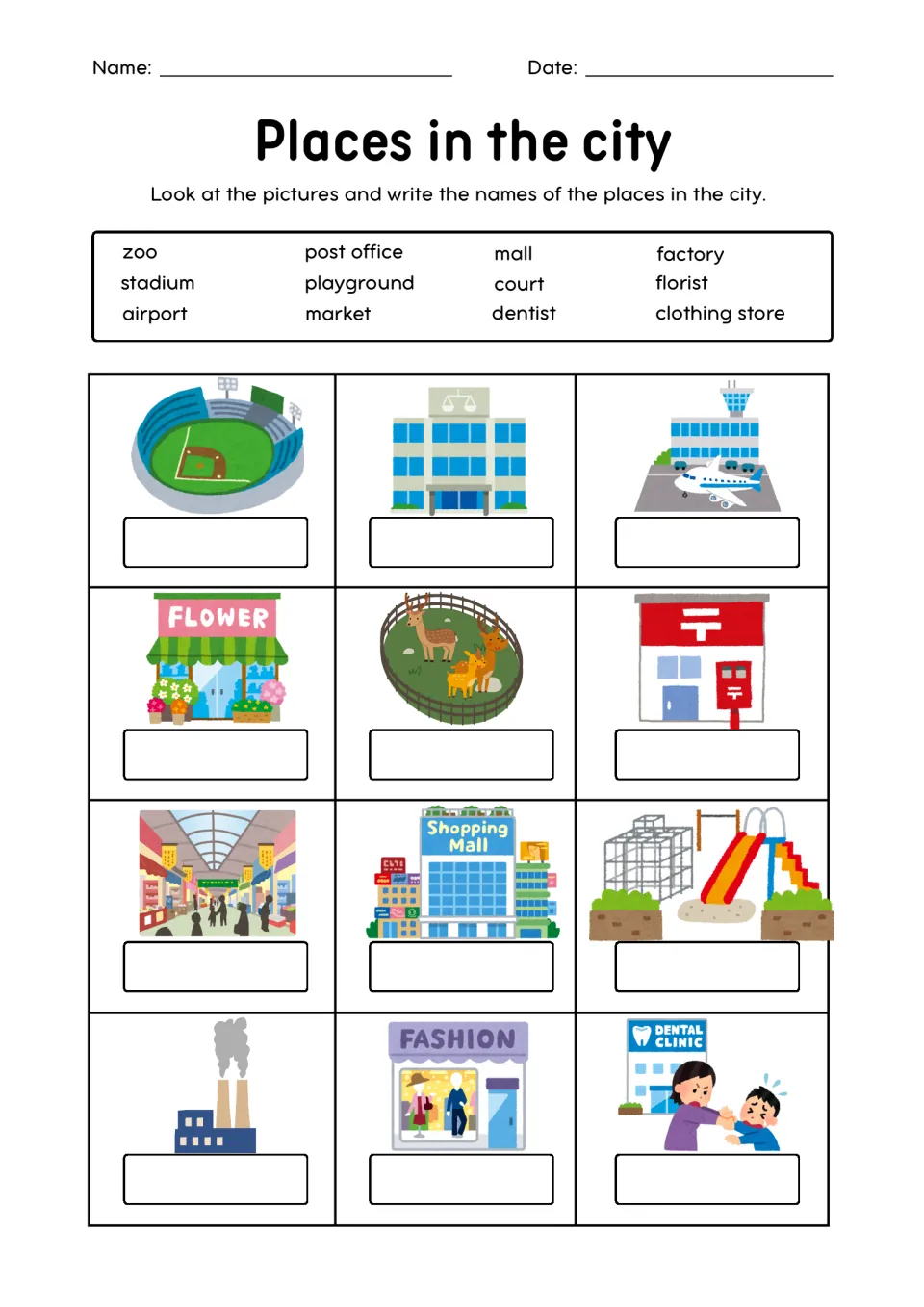 More city places: students label 12 pictures using a word bank that includes zoo, airport, post office, florist and dentist