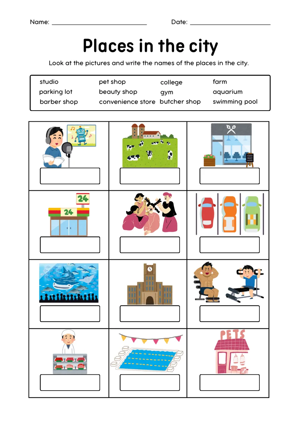 Community places labeling: students match 12 pictures to words such as farm, aquarium, gym, pet shop and butcher shop