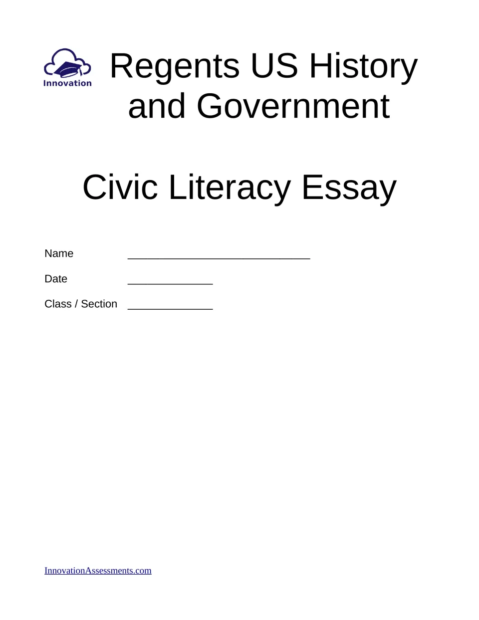 Cover: Regents US History and Government Civic Literacy Essay booklet with spaces for student name, date and class