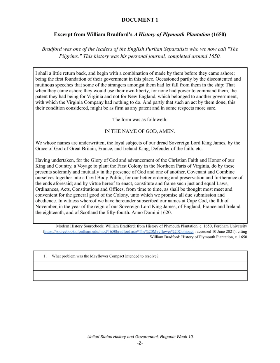 Document 1, Bradford's Plymouth Plantation excerpt: students explain what problem the Mayflower Compact aimed to resolve